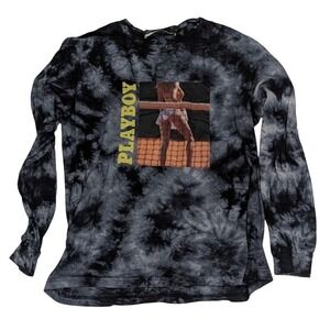 Playboy by PacSun Womens Tie Dye Long Sleeve Graphic T-Shirt Black Grey Small